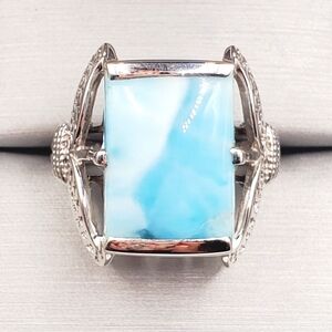925 Sterling Silver Genuine Rectangle Blue Larimar Statement Ring